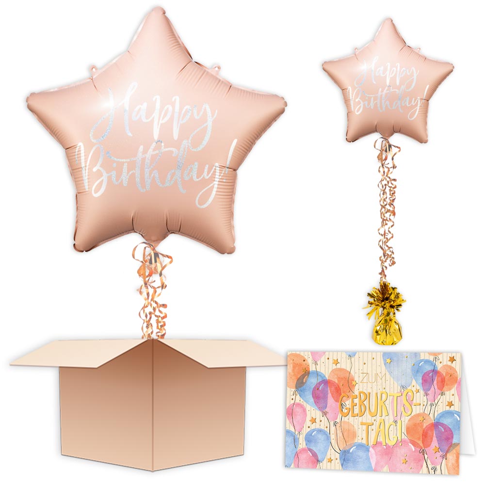Rosa Stern mit "Happy Birthday" als gefüllten Folieballon verschenken