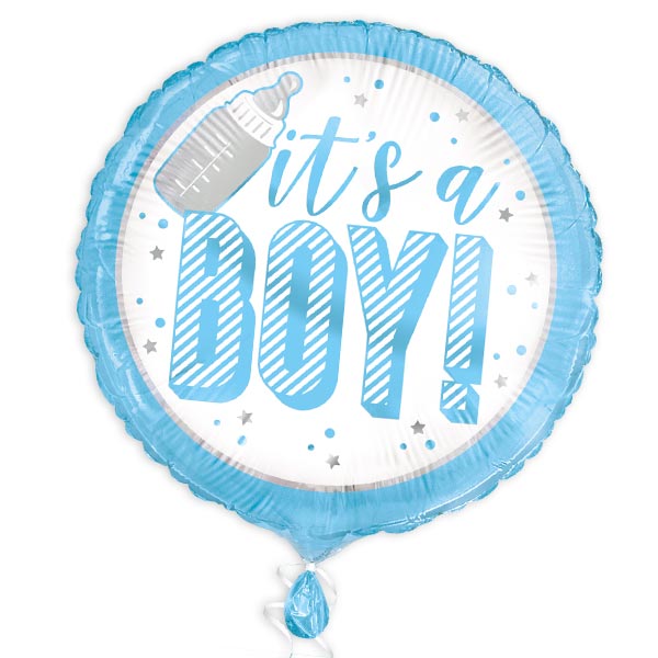 Ballongruß "It's a Boy" in blau, rund, Ø 35cm