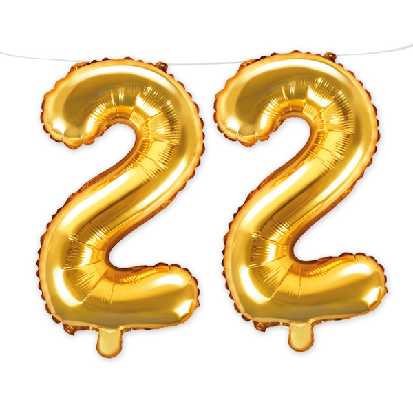 22. Geburtstag, Zahlenballon Set 2 x 2 in gold, 35cm hoch