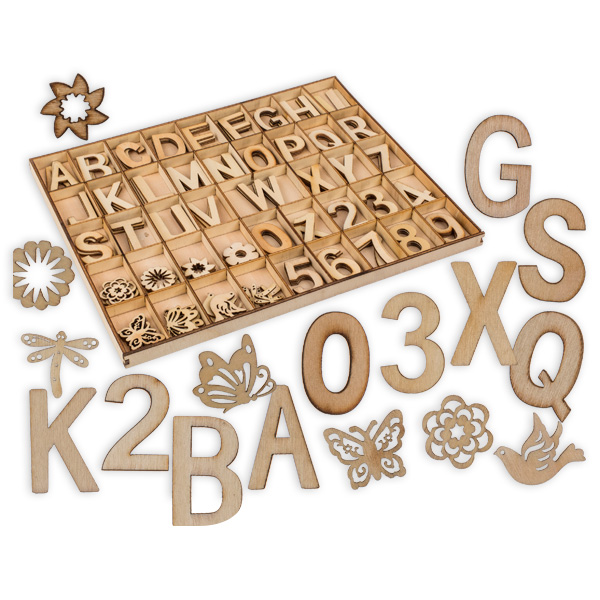 Buchstaben, Zahlen & Symbole aus Holz, 132-tlg.