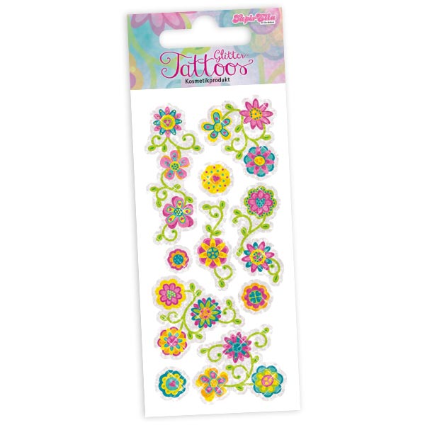 Bunte Blumen Glitter-Tattoos, 1 Karte mit 8 Kindertattoos