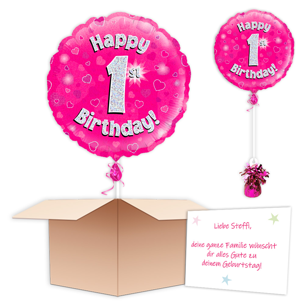 Ballongruß "1st Birthday Pink Glitzer", Folienballon im Karton