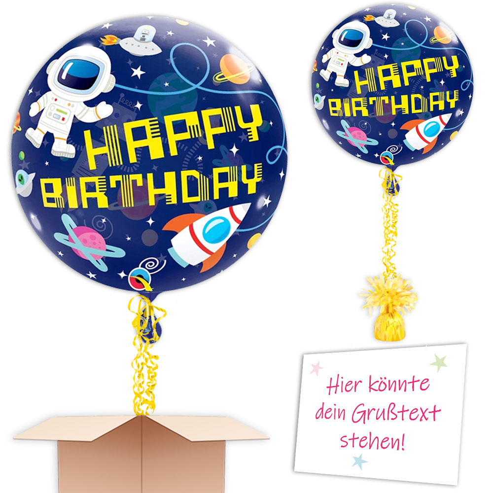 Ballongruß "Happy Birthday Astronaut", XXL Bubble-Ballon im Karton, Ø 56cm