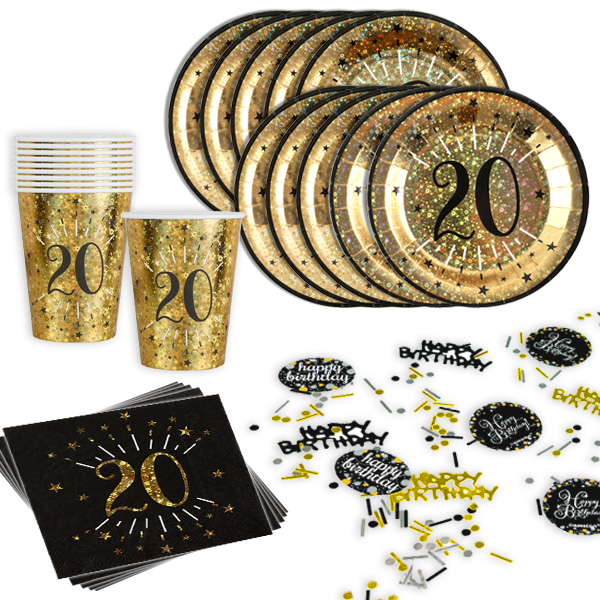 Basicset zum 20. Geburtstag in schwarz-gold glitzernd, 31-teilig für 10 Gäste