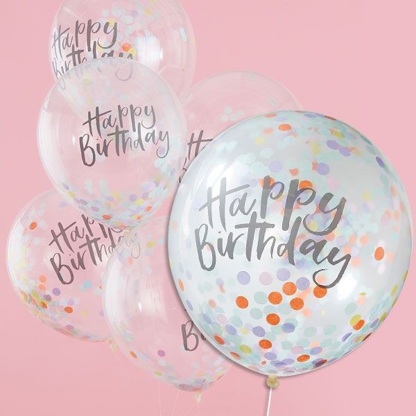 Pastell Party, Happy Birthday Ballons mit Konfetti, 5 Stk, Ø 30cm