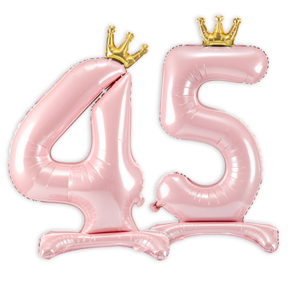 Stehende Ballons, Zahl 45 mit Krönchen, rosa, 84cm hoch