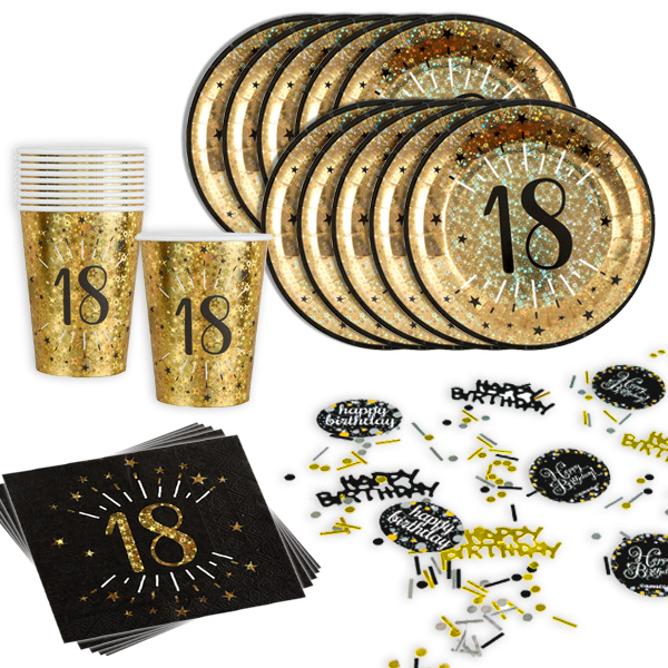 Basicset zum 18. Geburtstag in schwarz-gold glitzernd, 31-teilig für 10 Gäste