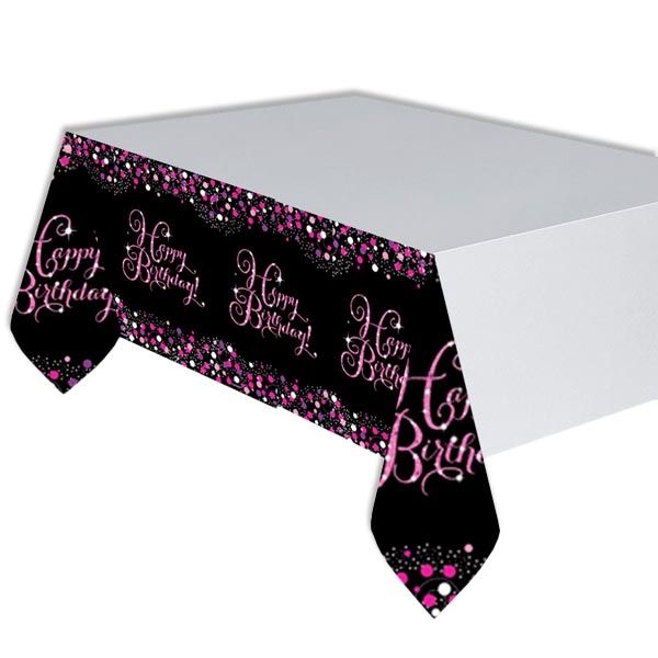 Sparkling Celebration Tischdecke in pink-schwarz, Happy Birthday, 1,37m x 2,59m