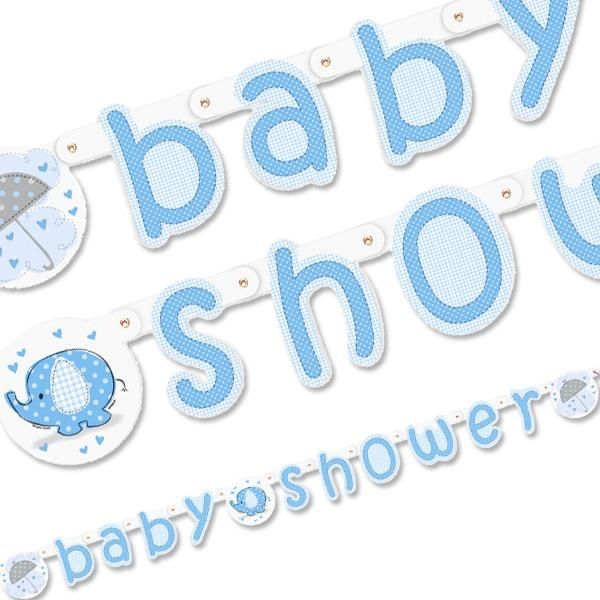 Partykette BABY SHOWER mit blauem Elefanten aus Pappe, 1,6 m, 1 Stück