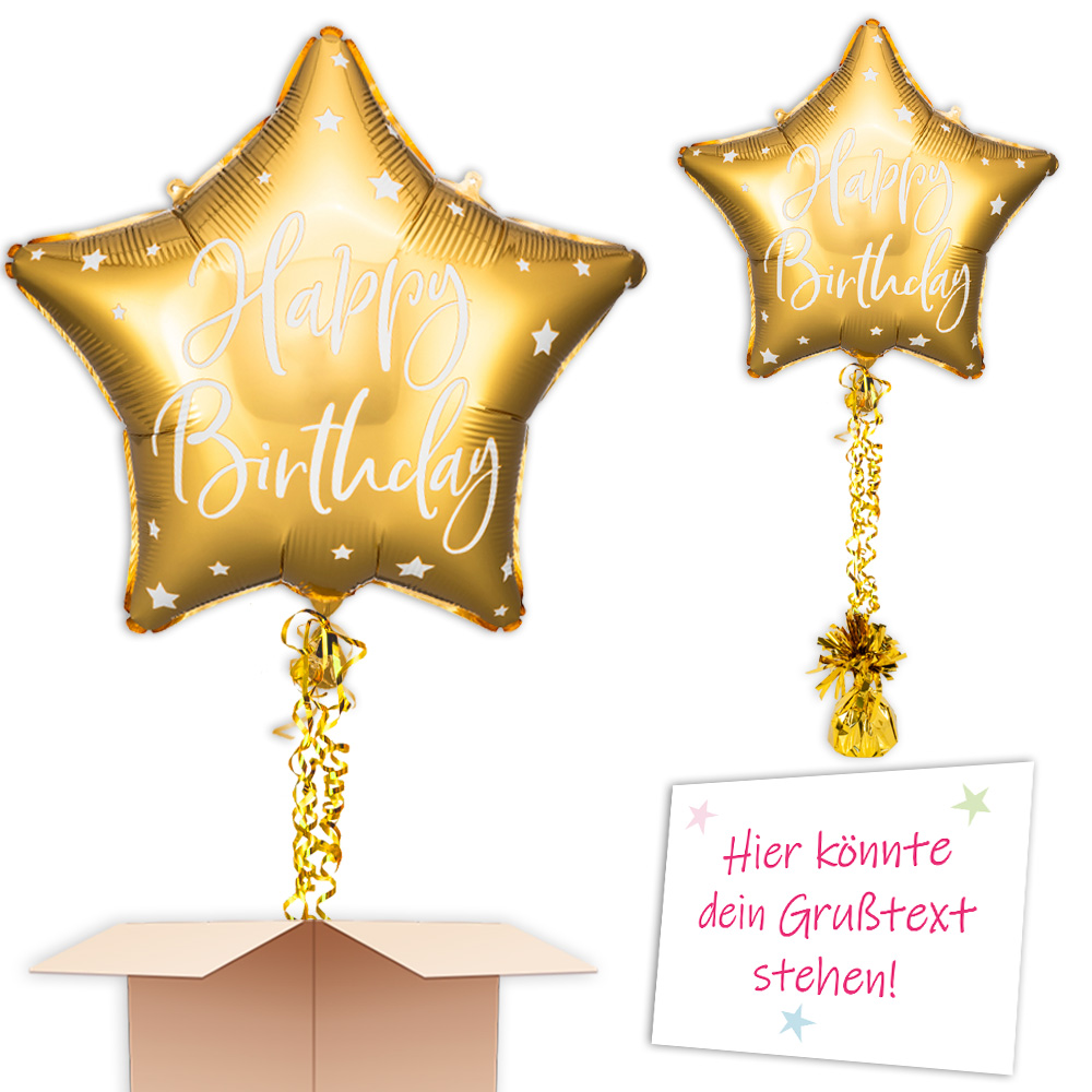 Inkl. Helium, Bänder, Ballongewicht  Goldener Stern mit "Happy Birthday"