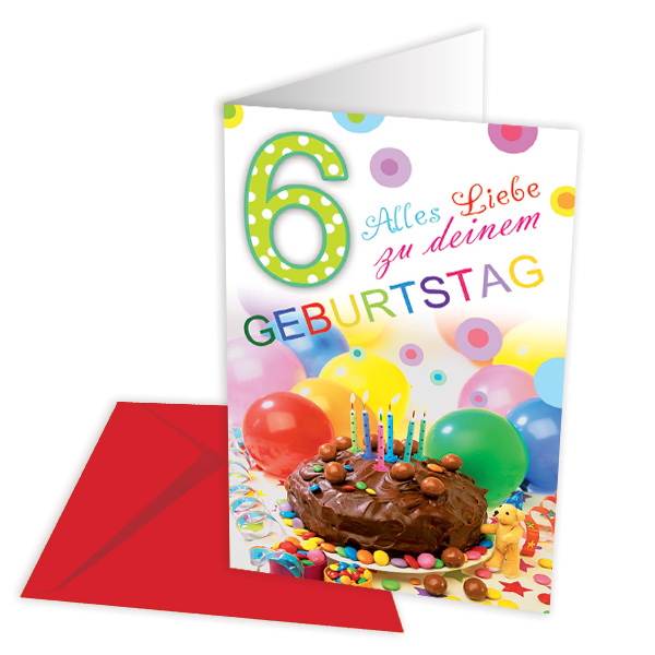 Glückwunschkarte zum Geburtstag, Zahlengeburtstag, 6 Jahre, Schoko Kuchen, 1 Stk.