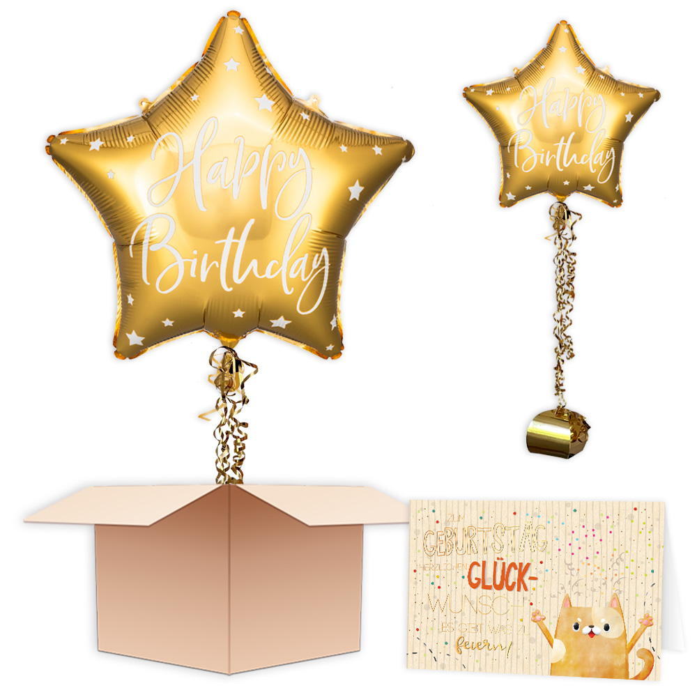 Ballongruß "Happy Birthday Goldener Stern", Folienballon im Karton