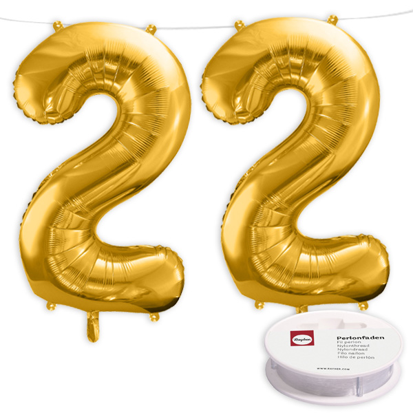 22. Geburtstag, XXL Zahlenballon Set 2 x 2 in gold, 86cm hoch