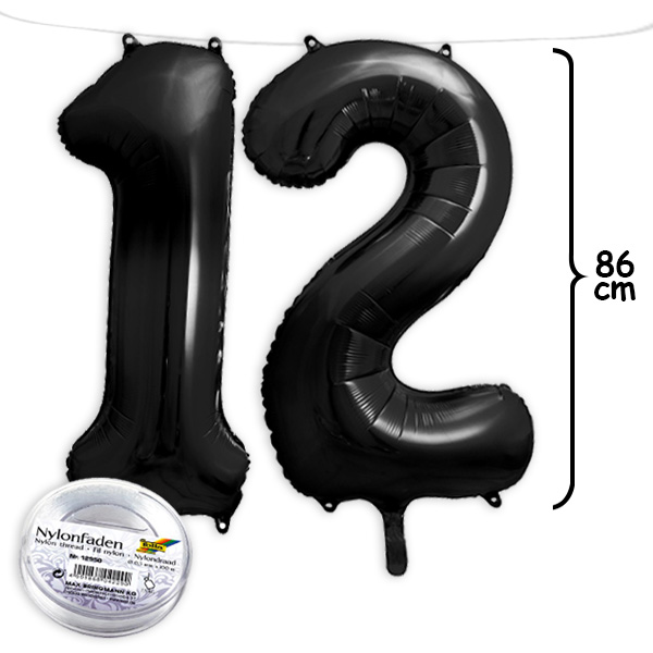 12. Geburtstag, XXL Zahlenballon Set 1 & 2 in schwarz, 86cm hoch