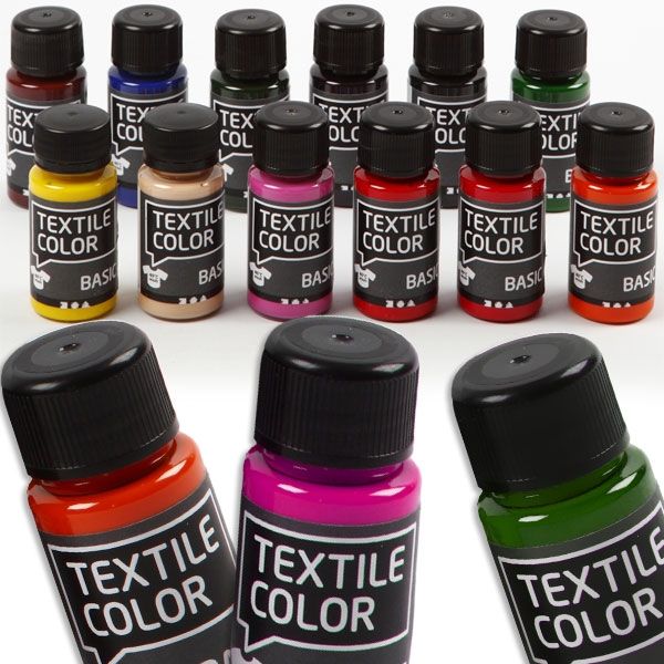 Textil Color Set Basic, 12 Flaschen, hochwertige Farbe, Fixierung durch Bügeln