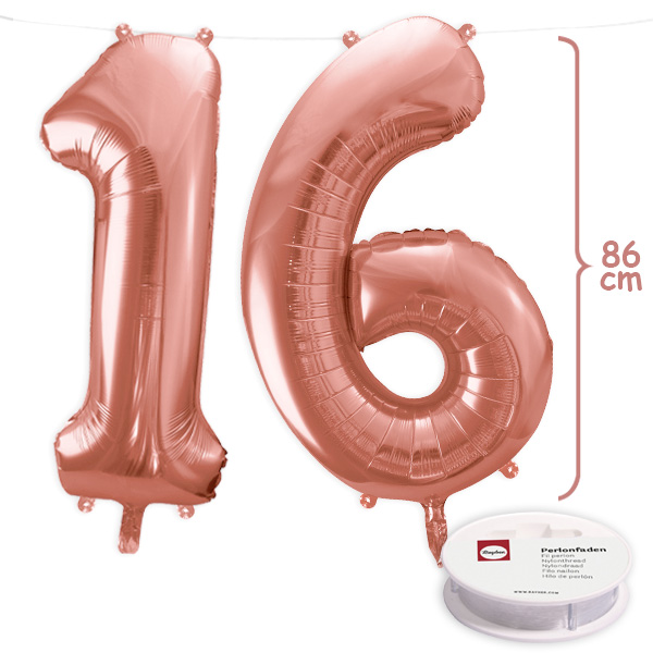 16. Geburtstag, XXL Zahlenballon Set 1 & 6 in roségold, 86cm hoch