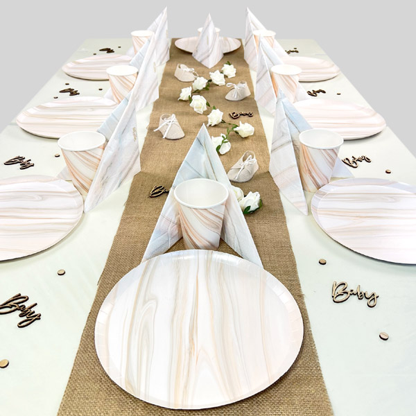 Babyparty Tisch Deko Set neutral bis 16 Gäste, zart marmoriert
