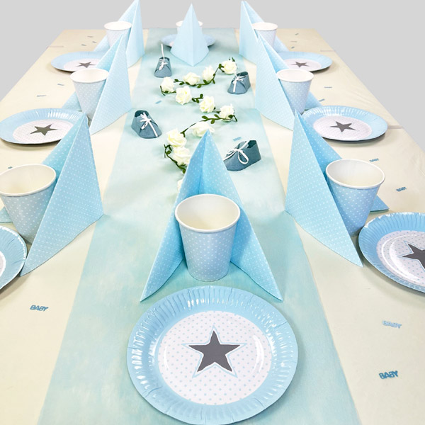 Babyparty Tisch Deko Set Junge bis 16 Gäste, Hellblau mit Sternchen