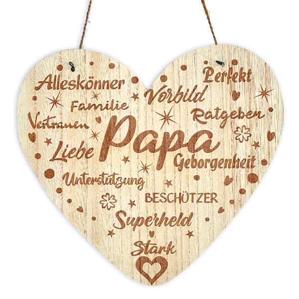 Herz aus Holz mit Gravur - Papa mit ganz lieben Worten inkl. Kordel