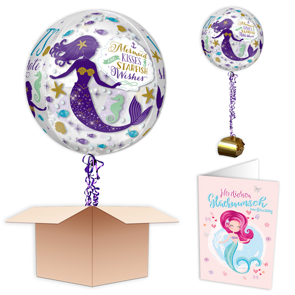 Ballongruß "Happy Birthday Meerjungfrau", Bubble-Ballon im Karton
