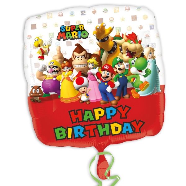 Quadratischer Folienballon Super Mario "Happy Birthday", 32cm x 32cm