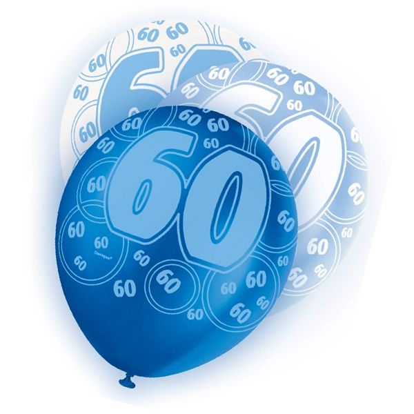 Latexballons mit Zahl 60 + Happy Birthday, blau-weiß, 30cm