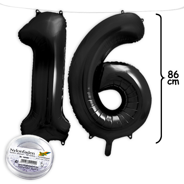 16. Geburtstag, XXL Zahlenballon Set 1 & 6 in schwarz, 86cm hoch