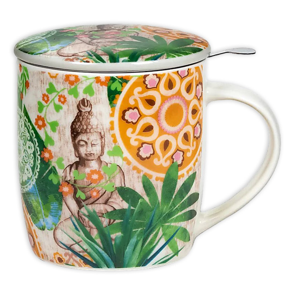 Teetasse "Buddha" mit Deckel und Teesieb, Bone China Porzellan