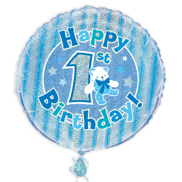 Folienballon "Happy 1st Birthday", blau prismatisch glitzernd, Ø 35cm