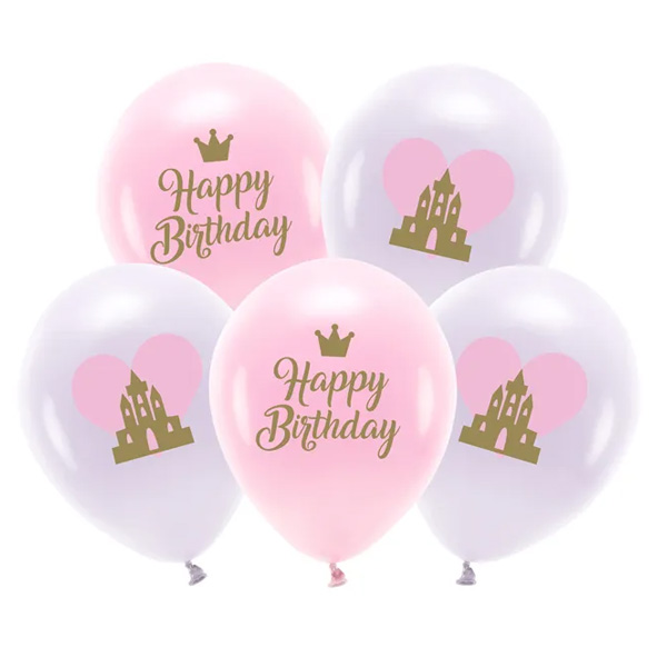 Öko Latexballons "Happy Birthday" Prinzessin, biologisch abbaubar, 5 Stück, 33cm