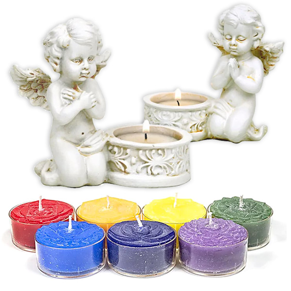 Teelichthalter "Engel" im 2er Pack mit 7 Chakra Duft-Teelichtern