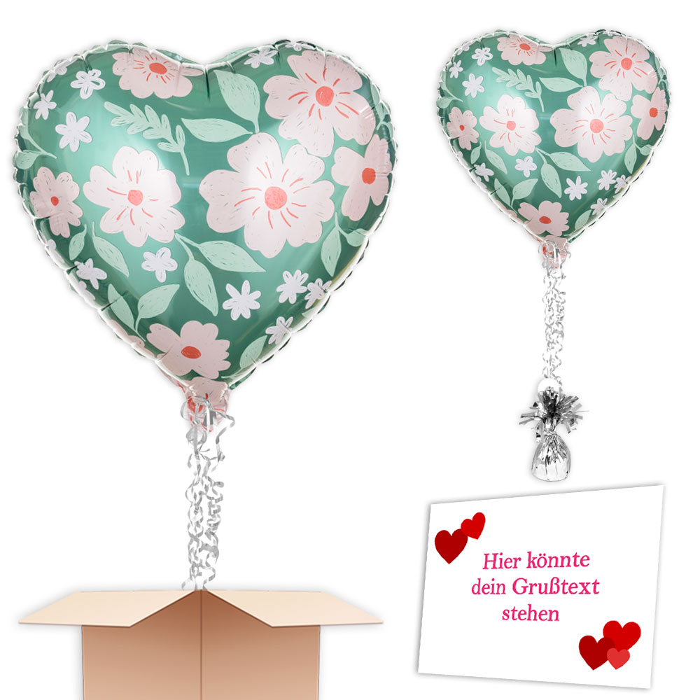 Herzballon mit Blumenmotiv ink. Helium, Bänder, Gewicht verschicken, 35cm