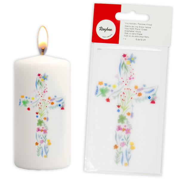 Wachs-Motiv Kreuz, florales Design, 12cm x 6,5cm