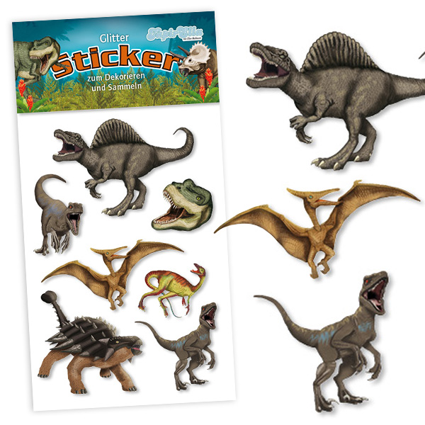 Glitzersticker Dinosaurier, coole Kinder-Sticker für Dino-Mottoparty, 1 Karte