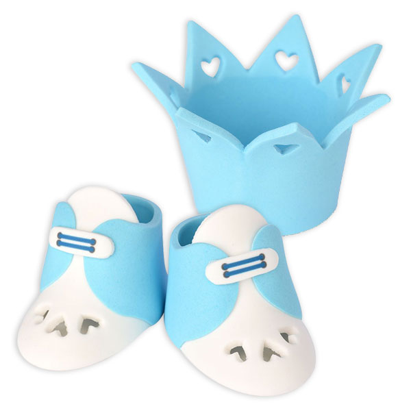 Zuckerfigurenset Krone und Schuhe in blau, 3-teilig