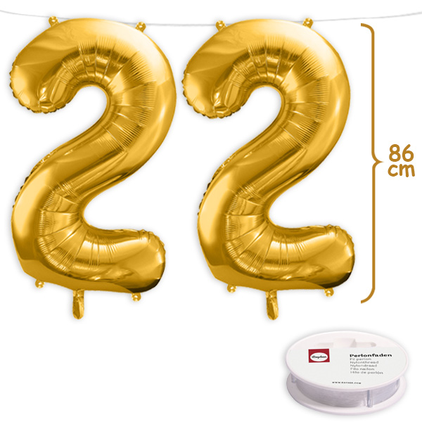 22. Geburtstag, XXL Zahlenballon Set 2 x 2 in gold, 86cm hoch