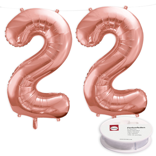 22. Geburtstag, XXL Zahlenballon Set 2x2 in roségold, 86cm hoch