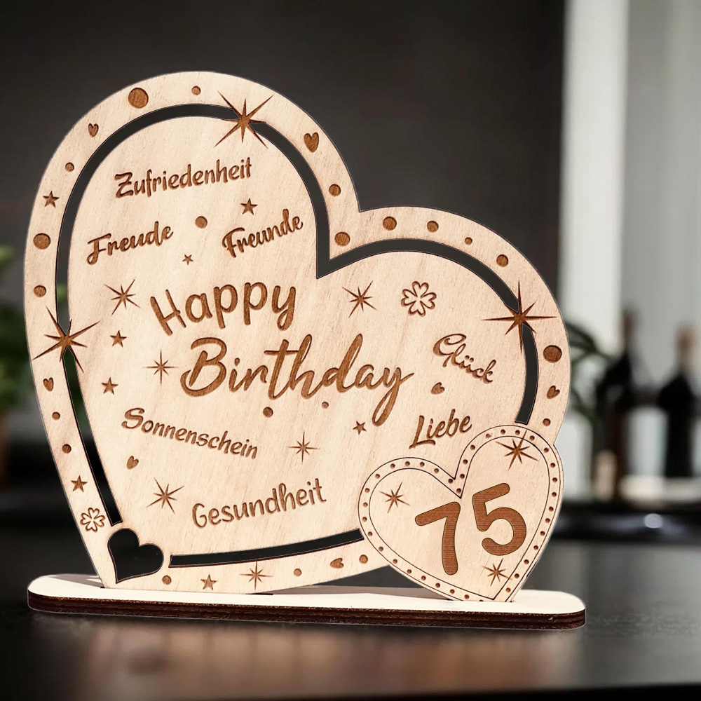 Kunstvoll graviertes Holz-Herz "Happy Birthday" mit Zahl 75, Geschenk & Deko zum Geburtstag