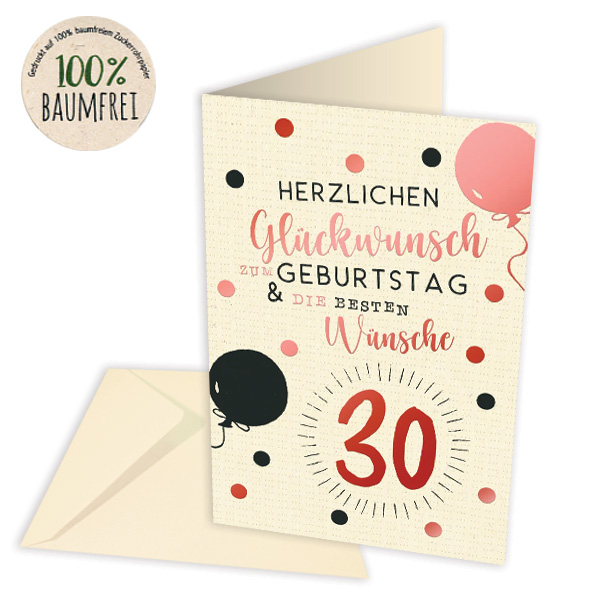 Geburtstagskarte zum 30. Geburtstag aus Zuckerrohrpapier, inkl. Umschlag