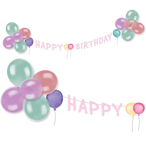 Dekoset Happy Birthday Pastell, Buchstabenkette + 14 Ballons