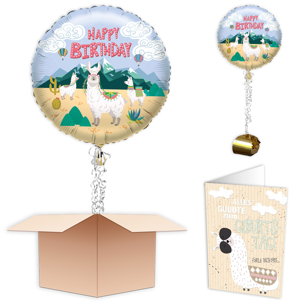Ballongruß "Happy Birthday Lama", Folienballon im Karton