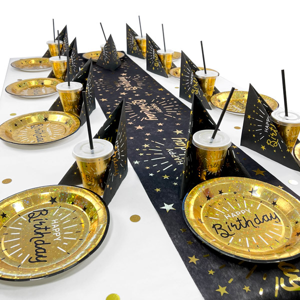 Happy Birthday Tischdeko Set in schwarz-gold, bis 10 Gäste, 54-teilig