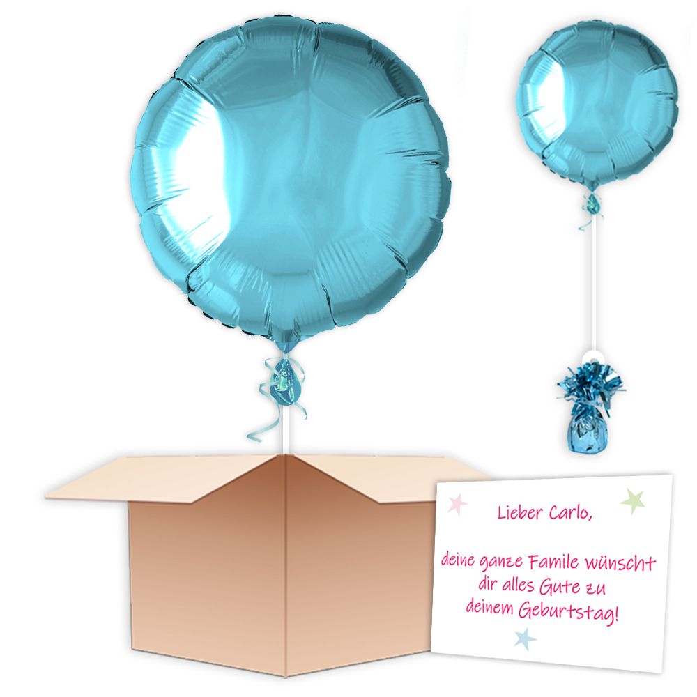 Ballon-Überraschung im Paket, Hellblauer Folienballon mit Ballongewicht