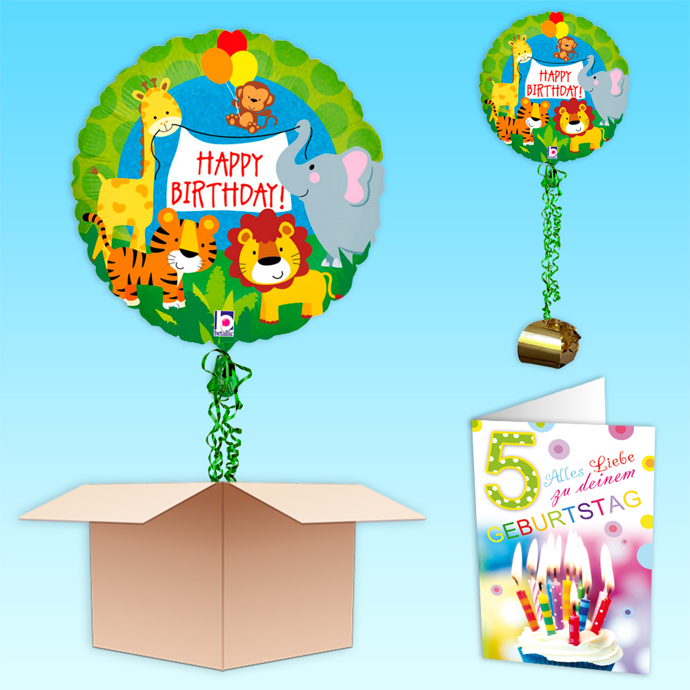 Ballongruß "Happy Birthday Dschungeltiere", Folienballon im Karton