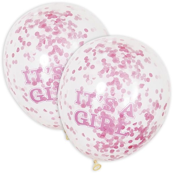 Latexballons, It's a Girl, 6 Stk, transparent, Konfetti, rosa