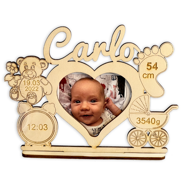 Baby Geburt Fotoaufsteller mit eingravierten Geburtsdaten, Name, Größe, Gewicht, Datum, Uhrzeit + Bild