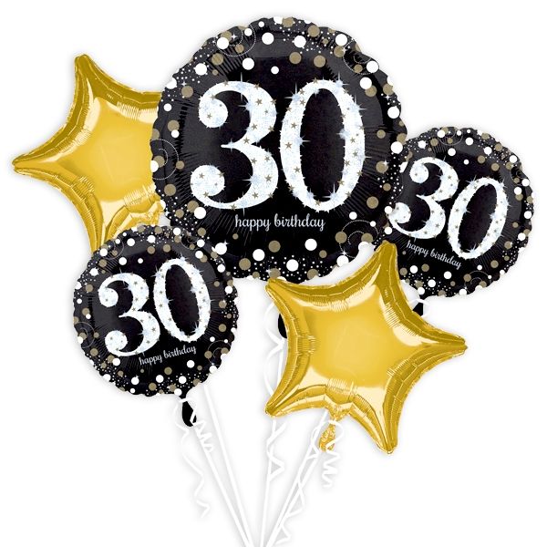 Folienballon-Set 30. Happy Birthday, gold/schwarz 5 Stk, verpackt