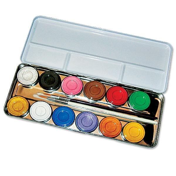 12 Schminkfarben- Schmink Palette im Metalletui, nachfüllbare Schminkbox , inklusive Profi-Pinsel