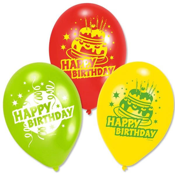 Luftballons Happy Birthday mit Torte, 6 Stk, 22,8cm