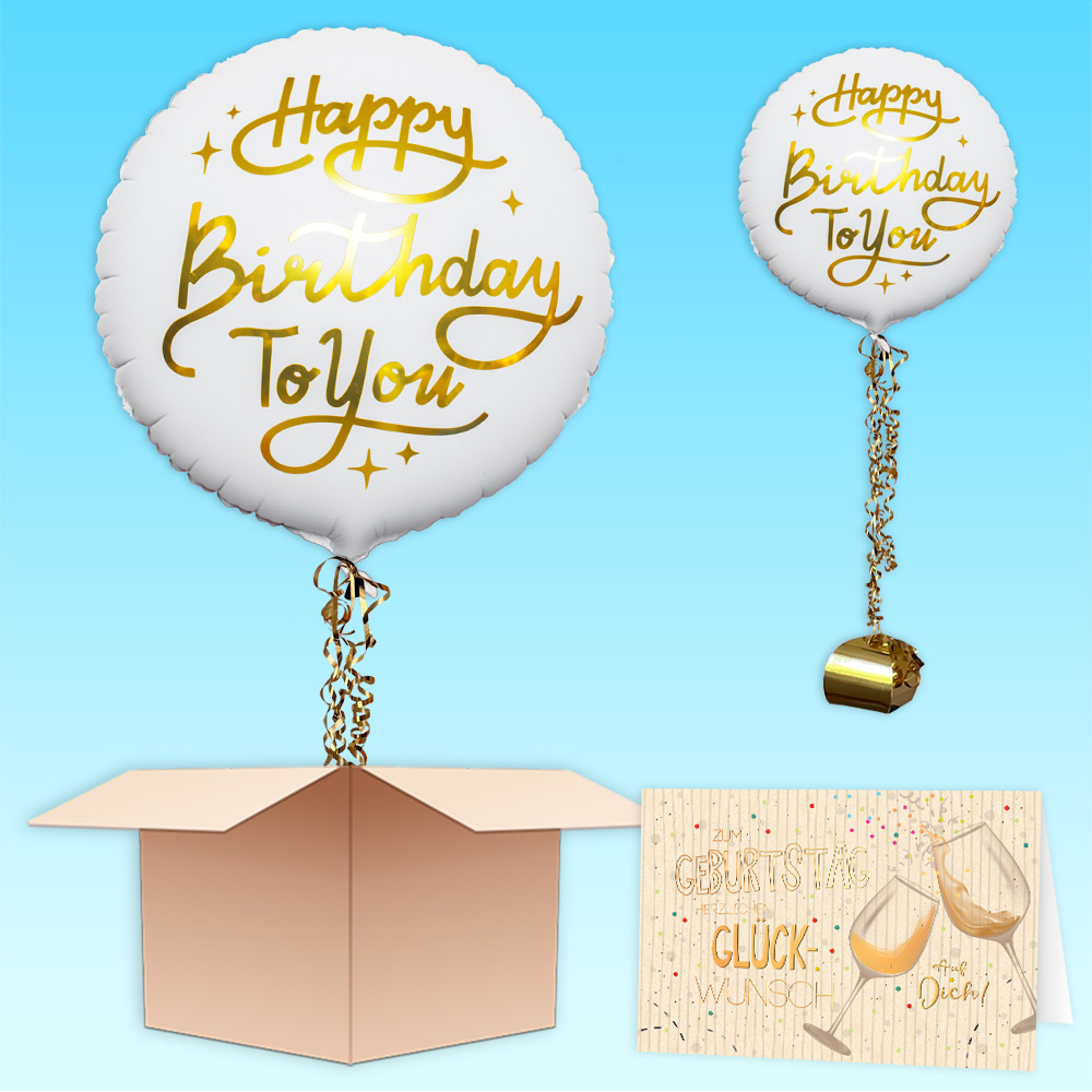 Ballongruß "Happy Birthday to You" in weiß-gold, Folienballon im Karton